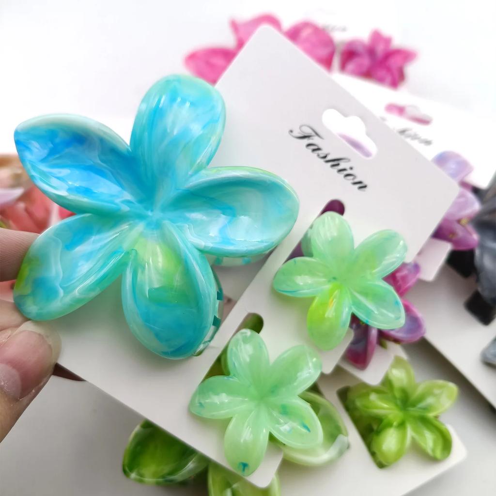 3PCS Hawaiian Gradient Flower Hair Claw Clip For Women Girl Fashion Plastic Non Slip Hold Hairpin Barrette Hair Accessories