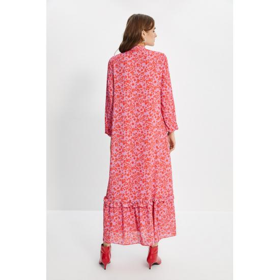 Fusta cu jumătate de guler cu flori portocalii Rochie cu volan lat