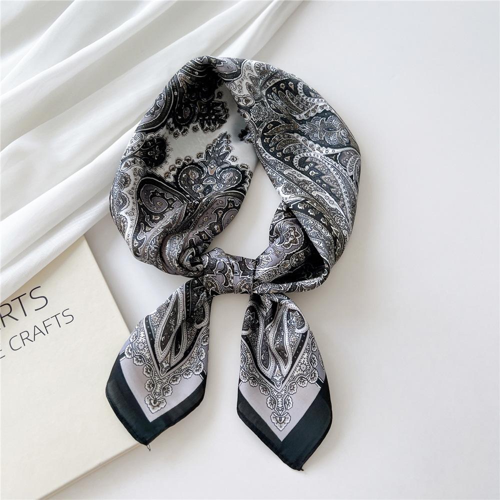Luxury Silk Square Scarf Women Shawl Fashion French Flower Print Design Satin Hijab Wraps Neckerchief Female Hair Bands 70*70Cm