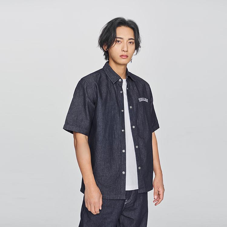 Comfortable Polo Collar Denim Logo Letter Short Sleeve Shirt Men shirts Light-Wash LMT010043206035898L00