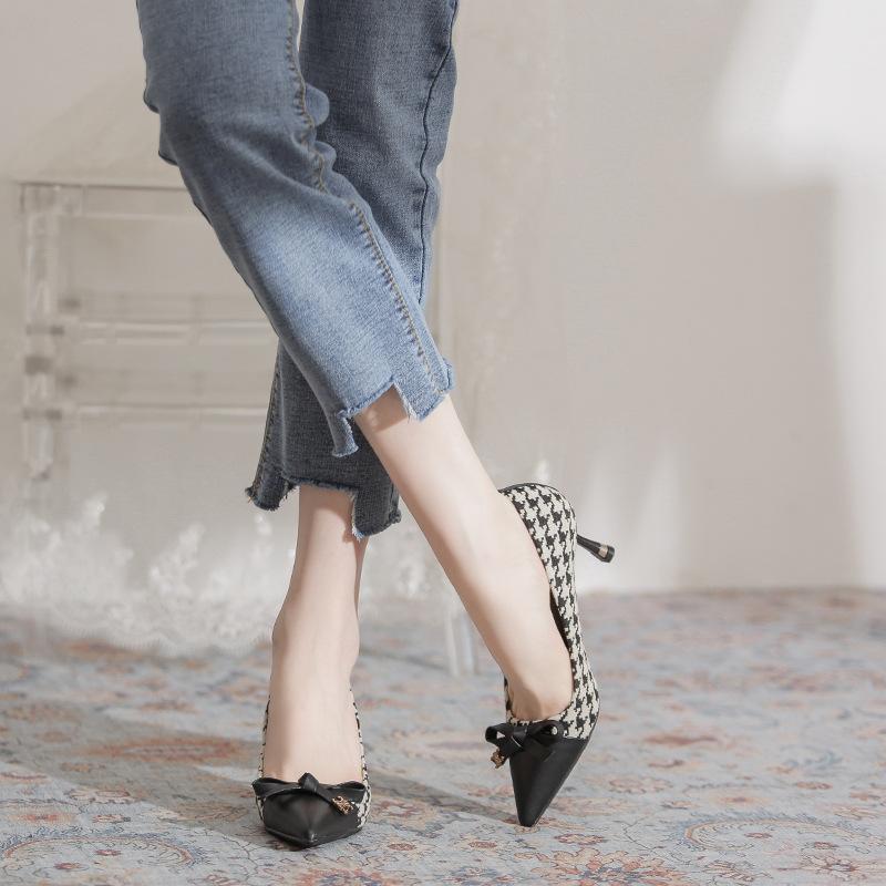 83846 single shoes women's spring and summer new thousand bird grid fashion temperament thin heel shallow bow 7cm high heels