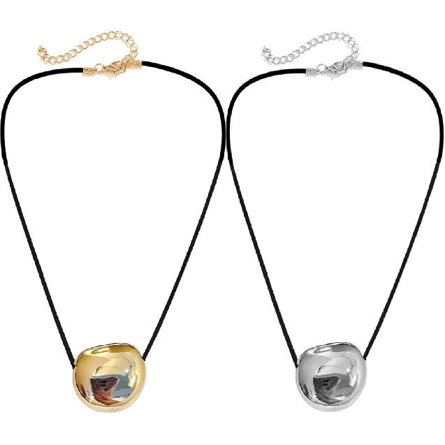 2PCS Oval Bead Clavicle Chain Fashionable Geometric Pendant Necklace