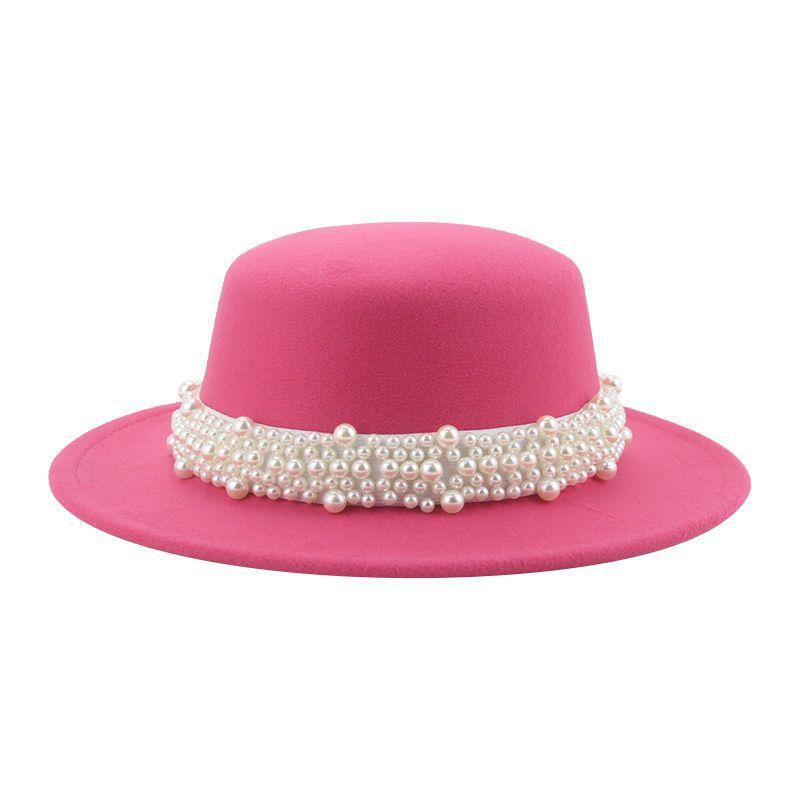 Top Hat Short Brim Hepburn Style British Style Small Round Tibetan High-end Jazz Hat Versatile Flat Top Felt Hat Pearl Premium New