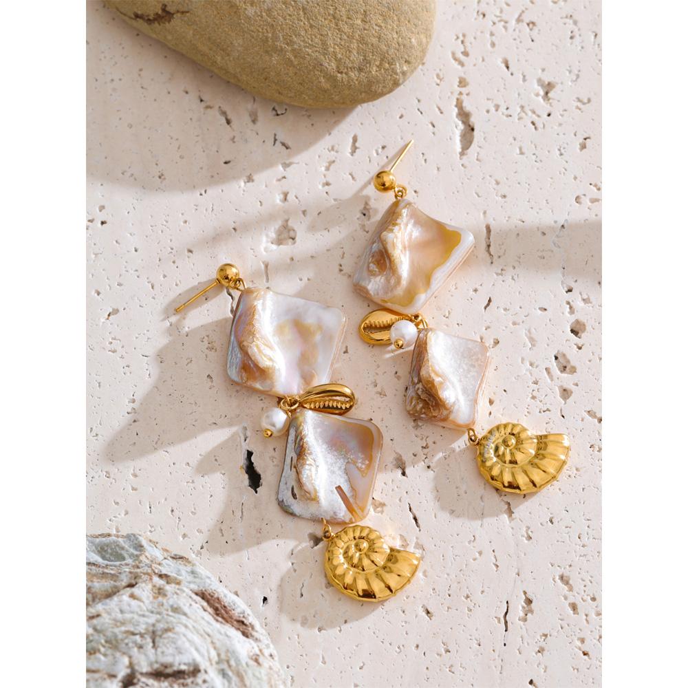 Eetit Ocean Series Square Shell Conch Drop Earrings Summer Holiday Golden Stainless Steel Jewelry Waterproof Recommend New