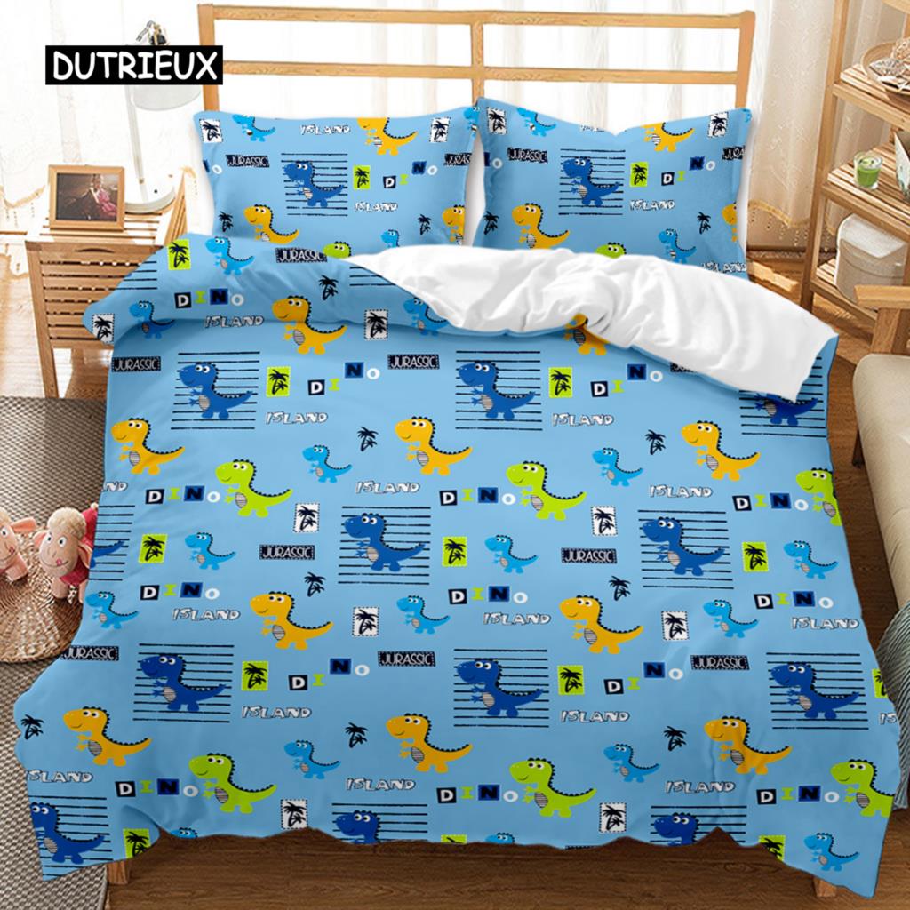 Dinosaur Duvet Cover Set Tropical Cartoon Dinosaur Twin Bedding Set for Kids Teens Double Queen King Size Polyester Quilt Cover
