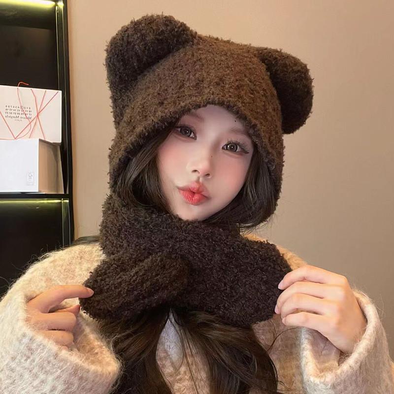 Cartoon Bear Beanie With Integrated Scarf For Kids And Teens Perfect For Cold Weather StyleA