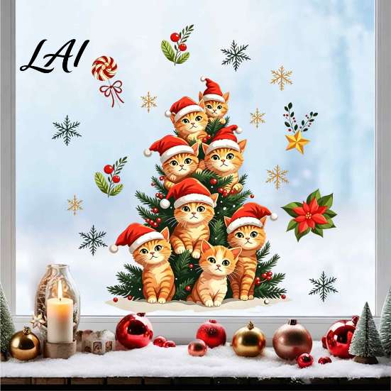 Cat Christmas Tree Decals Static Window Clings Orange Glass Stickers Santa Hat Kitten Holiday Decorations Xmas Decals Reusable Festive Decor