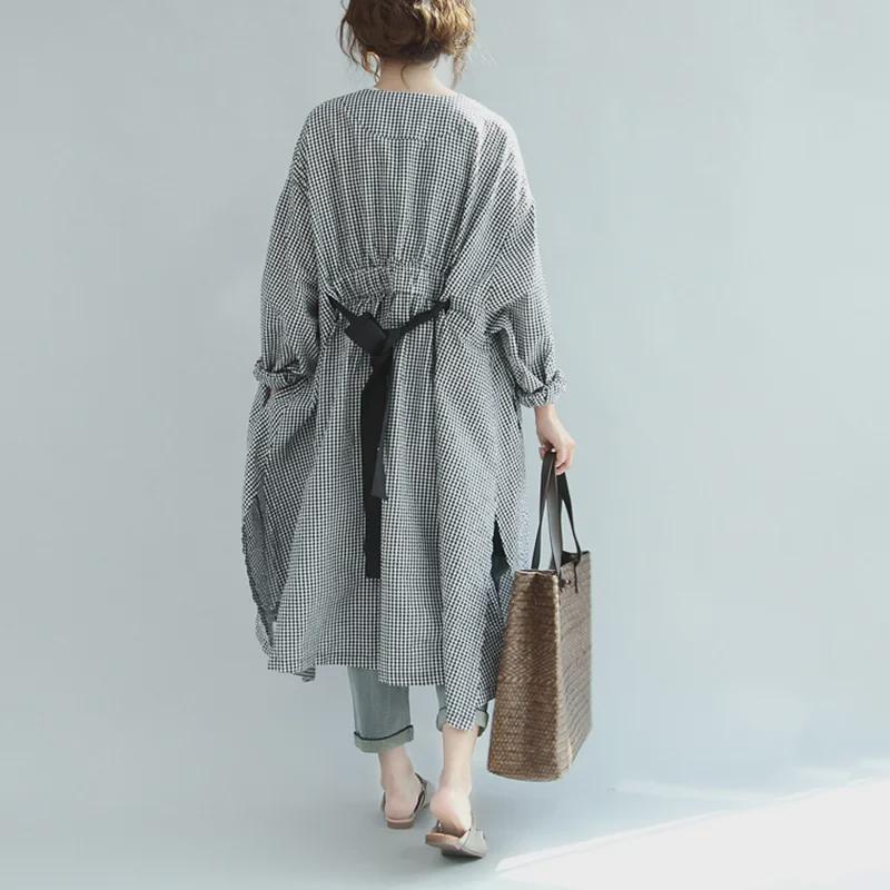 Korean V-Neck Plaid Dress for Plus Size - Loose Fit, Mid-Length with Open Button Design