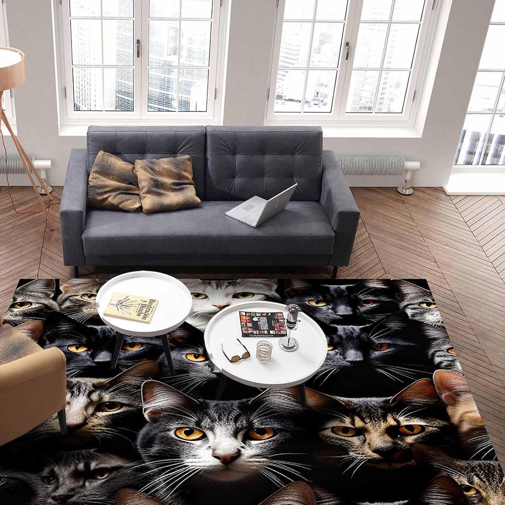 Cat Washable Area Rugs Pet Animal Cat Ears Eyes Non Slip Rugs for Living Room Bedroom, Low Pile Floor Mat Large Indoor Carpet
