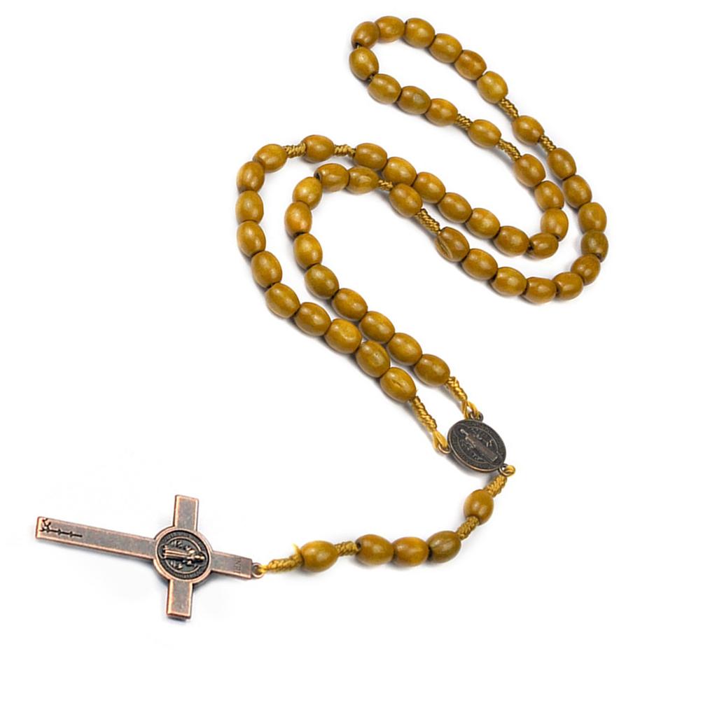 Christian Handmade Wooden Rosary Necklace Prayer Beads with Holy Soil Medal and Cross Bohemian Style for Men and Women