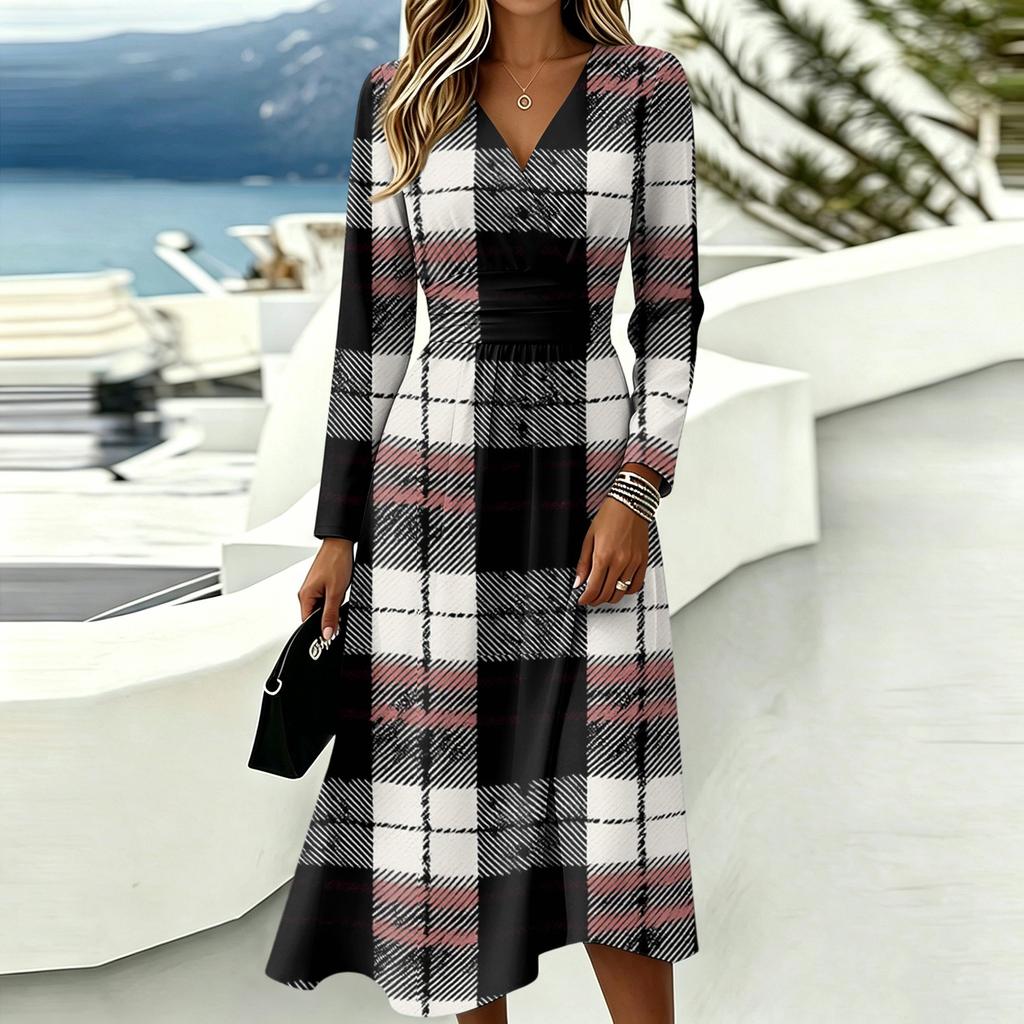 Women's Plaid Print Long Sleeve V-Neck Dress with Pockets for Casual Wear