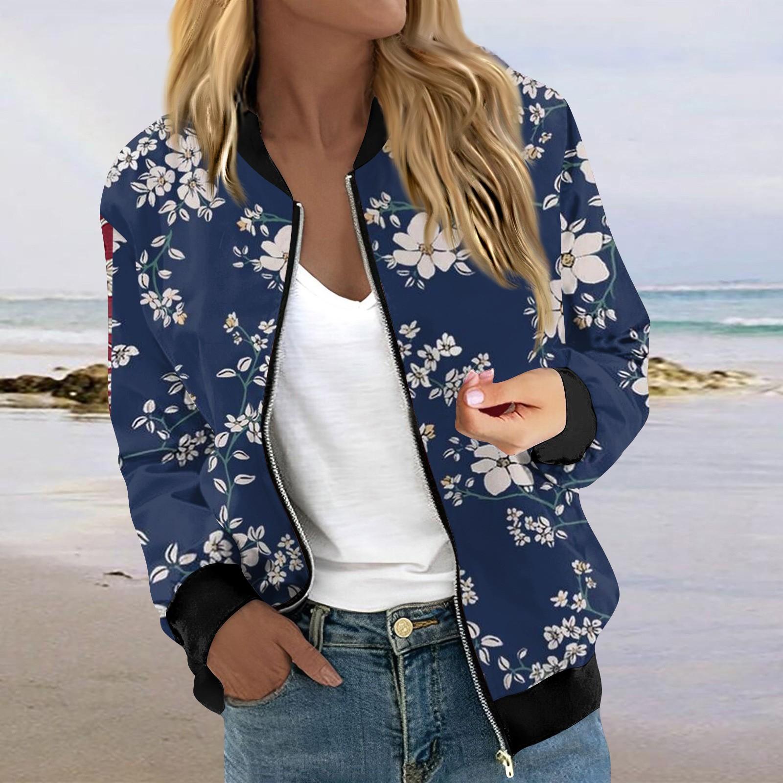 

Жіночі куртки з довгими рукавами, легкі, укорочені модні верхній одяг із принтом, повсякденні стьобані куртки з кишенями M синій