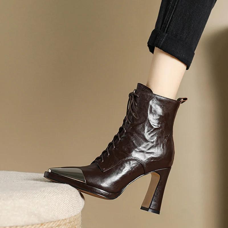 

Ботильоны с острым носком на высоком каблуке для женщин, новые кожаные толстые зимние ботинки, мода осень-зима Botas Mujer 37