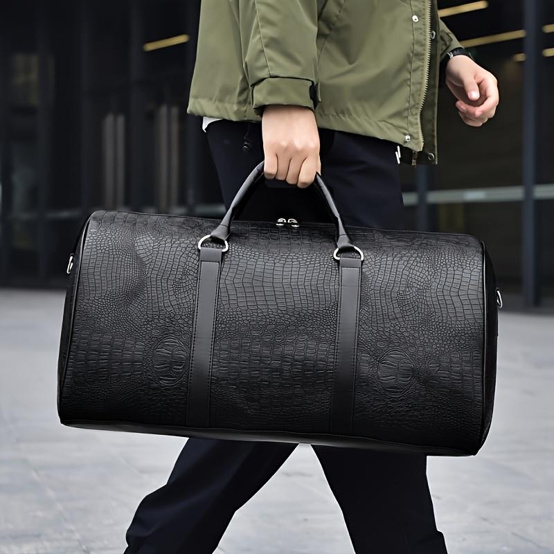 Vintage Crocodile Pattern Duffel Bag | Retro Style | Large Capacity | | Black & Dark Brown | Versatile Travel Tote with Shoulder Stra