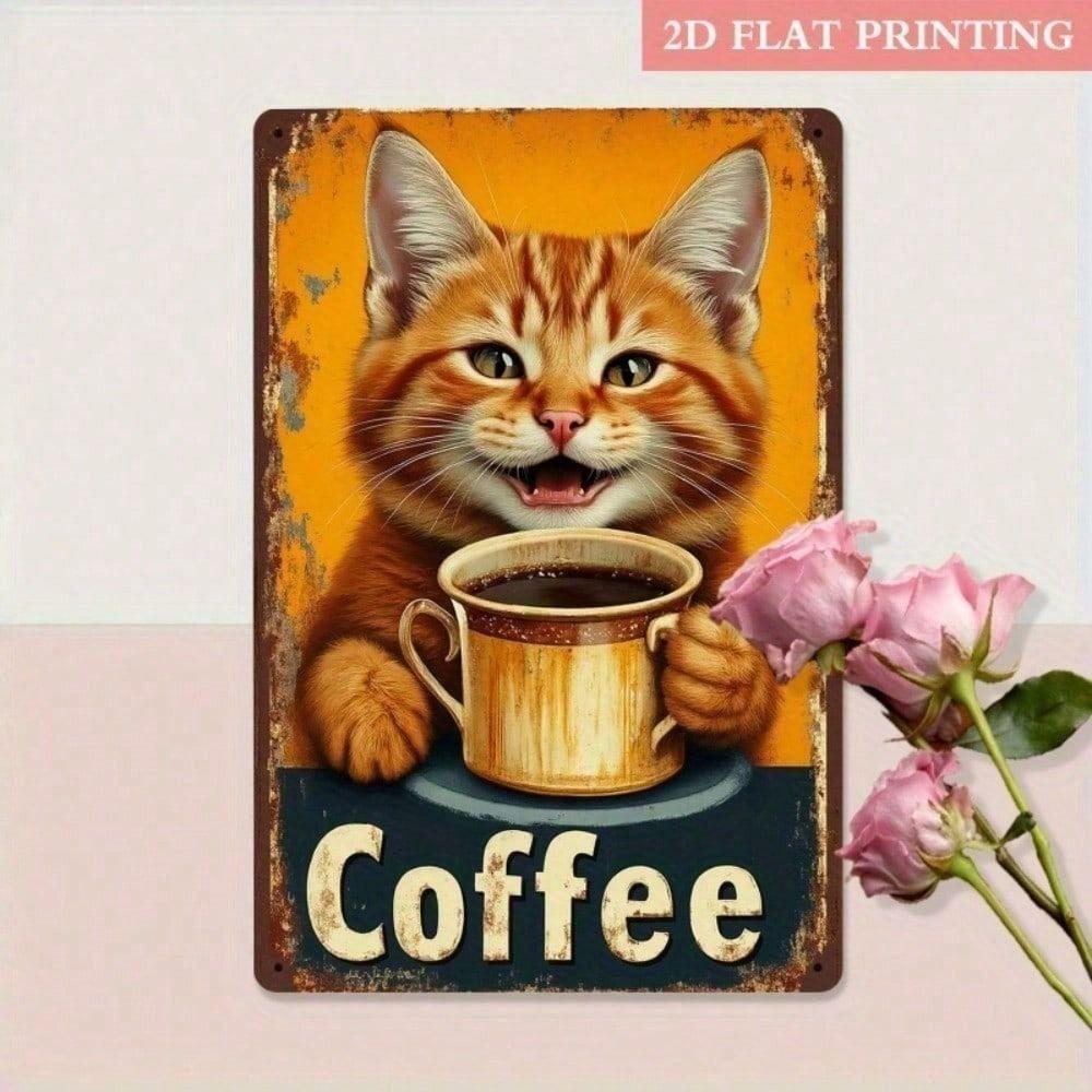 Metal Wall Art Cat with Coffee for Living Room