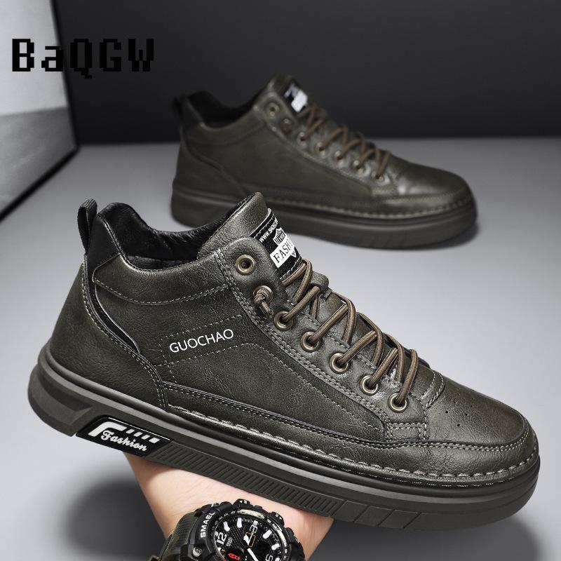 Autumn Fashion High Top Leather Casual Shoes Retro Outdoor Sport Walking Comfortable Warm Non-slip Luxury Sneakers Skate Shoes