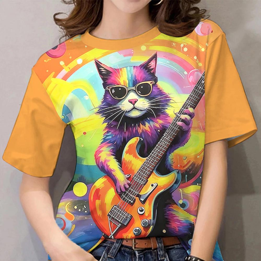 Summer Ladies T-Sleeve Music Kitten Pattern 3d Printing Fashion Casual Round Neck Women's Short-Sleeved