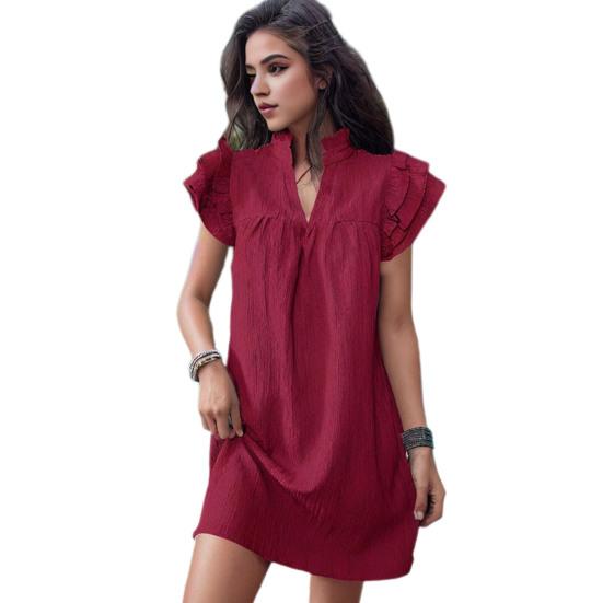 Lady Dress Shirring Stand Collar Ruffle Short Sleeves V Neck Loose Solid Color Pleated Straight Soft