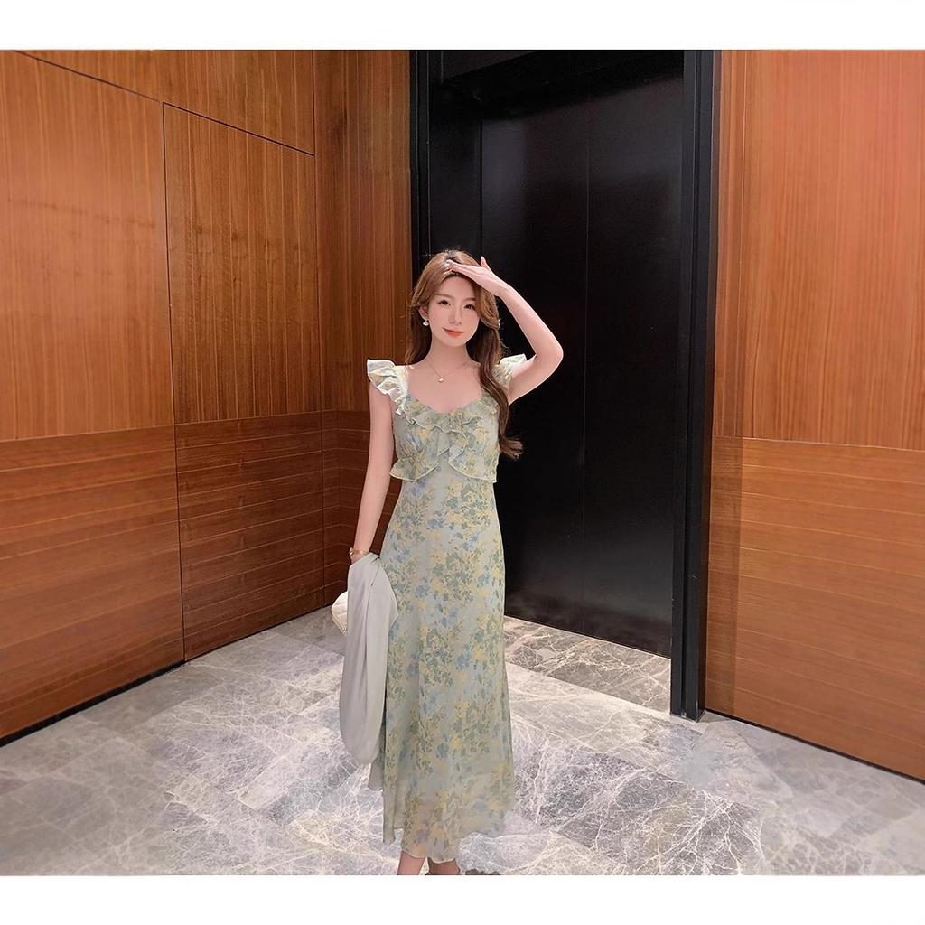 Sweet small flying sleeves floral dress gentle wind dress women's summer niche temperament slim ruffle edge a word long dress