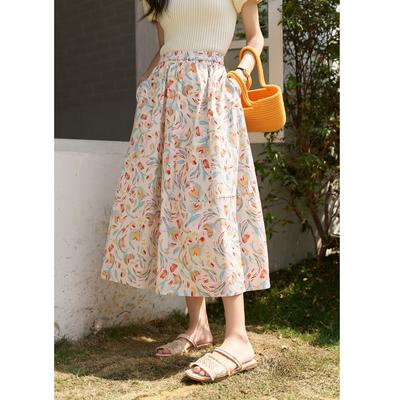 Damenröcke, Sommer, 100 % Baumwolle, Blumenmuster, eleganter französischer Stil, modische Tulpenserie, elastischer Bund, lockerer A-Linien-Rock MXC38B0072