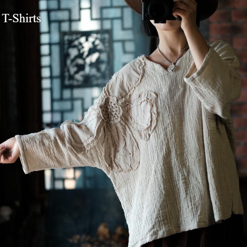 Retro Double-layer Women's Pullover Cotton and Hemp Art Hand-embroidered Decal Simple Loose V-neck Lazy Shirt Shirt Design Sense of Niche