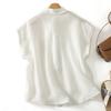 Women Casual Loose Short Sleeve Lapel Collar Cotton Linen Shirt Top