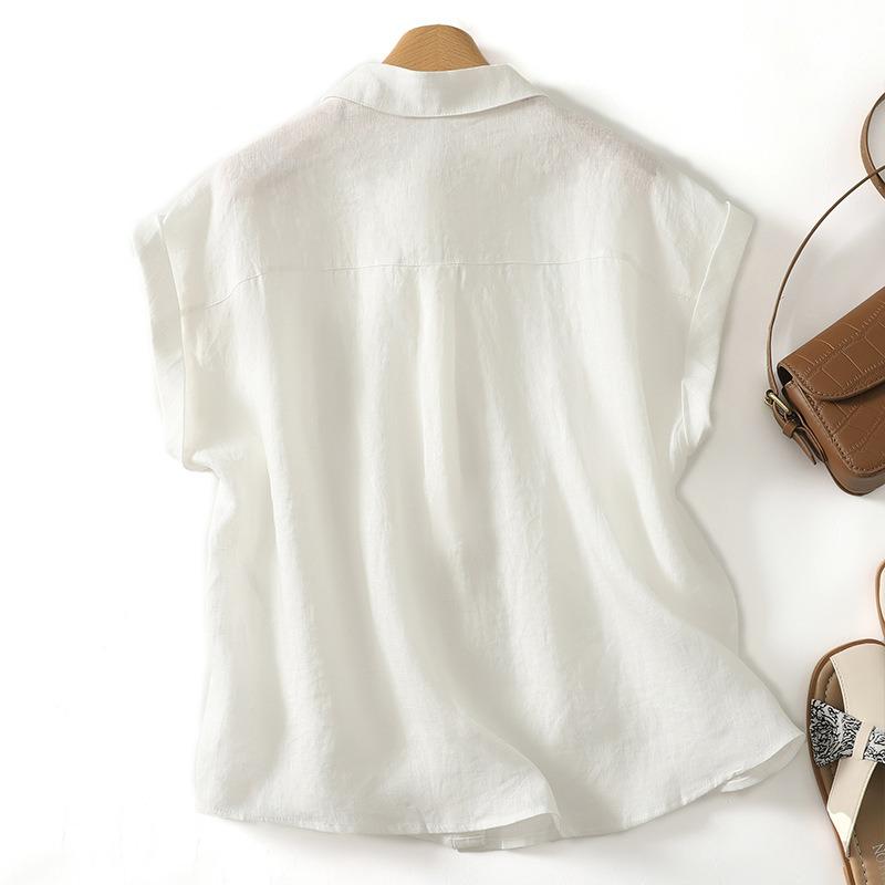 Women Casual Loose Short Sleeve Lapel Collar Cotton Linen Shirt Top