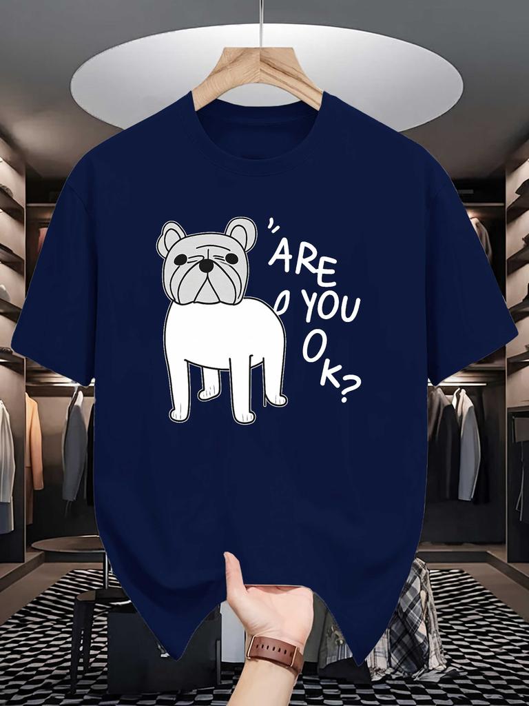Unisex Crew Neck Tee Cute Bulldog Are You Ok Letter Cartoon Print Soft Cotton Loose Short Sleeve Summer Casual Male Streetwear Tops