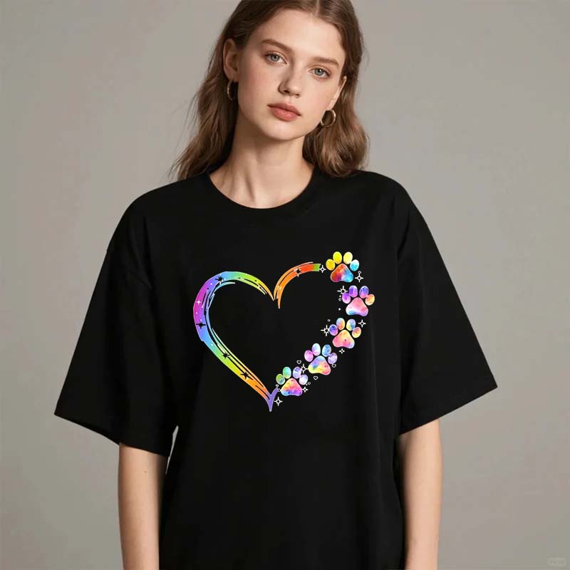 Cartoon Colorful Heart Dog Paw Graphic Print T Shirt 90s Fashion Casual Unisex Unisex Short Sleeve Plus Size T Shirt Unisex