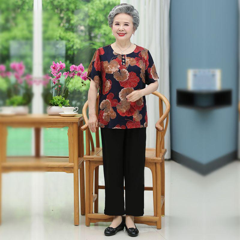 Summer Outfit: Short-Sleeve Top & Pants Set for Women in Their 60s and 70s - Cotton Silk Blend for Middle-Aged and Elderly Comfort