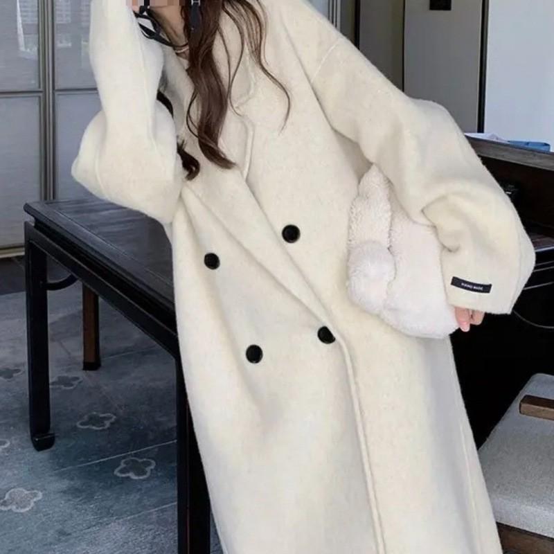 Oatmeal Color Double-sided Coat for Women Autumn and Winter New Korean Style Loose Slimming Mid-length Quilted Coat