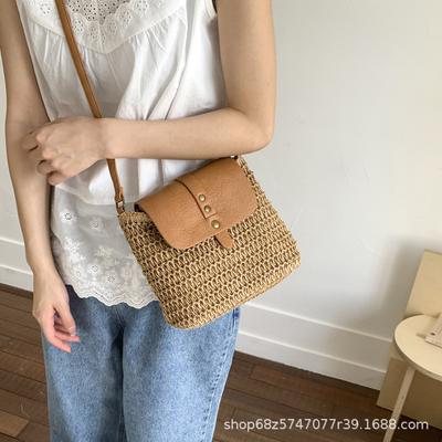 Straw Splicing Bag Women's 2025 Summer New Simple Shoulder Bag Fashion Popular Messenger Bag Versatile Small Square Bag