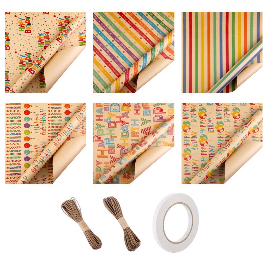 Birthday Gift Wrapping Paper Set Unique Birthday Gift Patterned Wrapping Paper with Tape Tags and Straw Rope