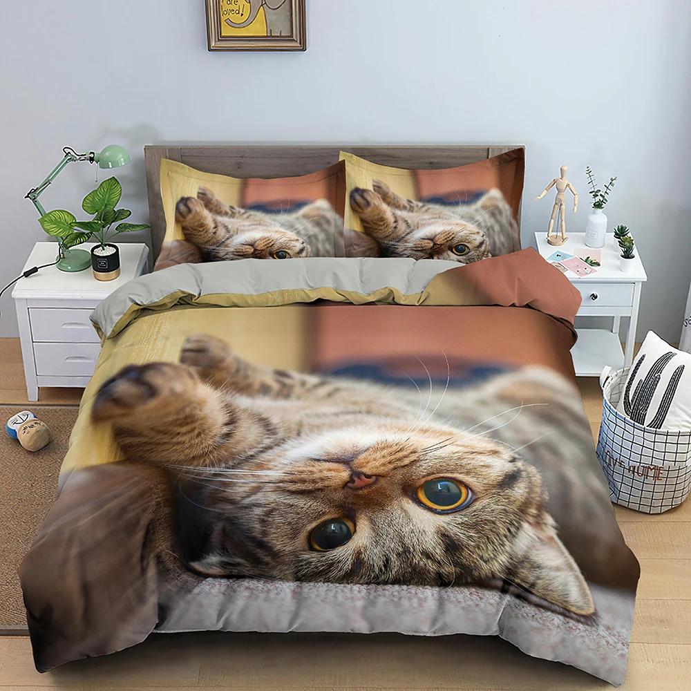 3D zvířecí vzor Sada povlaků na přikrývku Sada povlečení se vzorem roztomilé kočky Polyesterový povlak na přikrývku King Twin Single Size Domácí Textilní Kotě