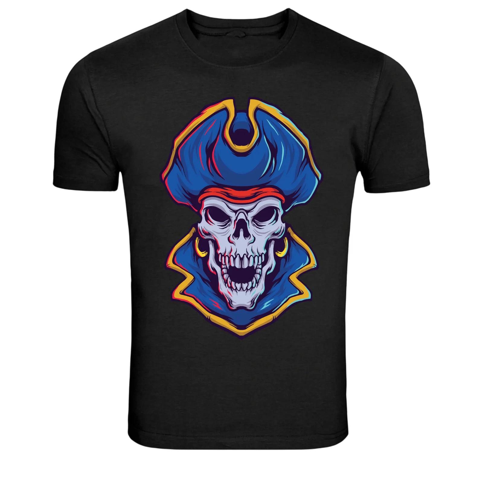 

Pirate Skull Graphic T-Shirt Captain Skeleton Halloween Biker Style Tee 4XL