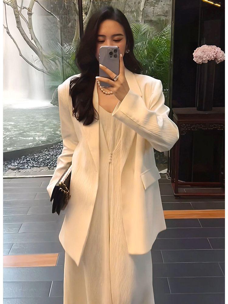 

Женский костюм-двойка больших размеров: Длинная юбка на подтяжках и блейзер на весну/осень XXXXXL