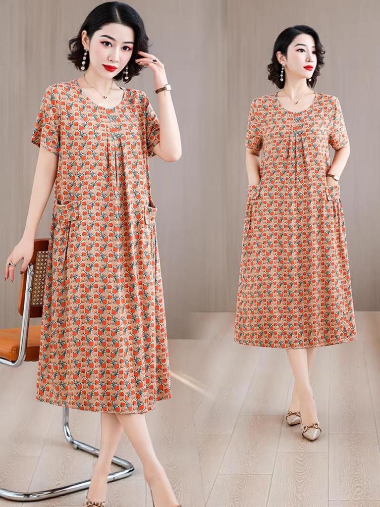 Plus Size Fresh Floral Print Summer Midi Dress - Loose, Pleated Design 2026