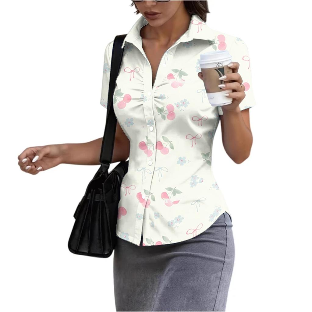 Damen Kurzarm Hemdbluse Slim Fit Knopfleiste Sommer Leichtes Bedrucktes Oberteil für Büro und Freizeit