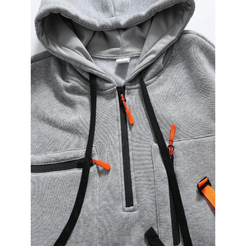 Men's Casual Sports Hoodie Fashion Pocket Zipper Hooded Sweatshirt Solid Color Loose Coat Outdoor Running Streetwear