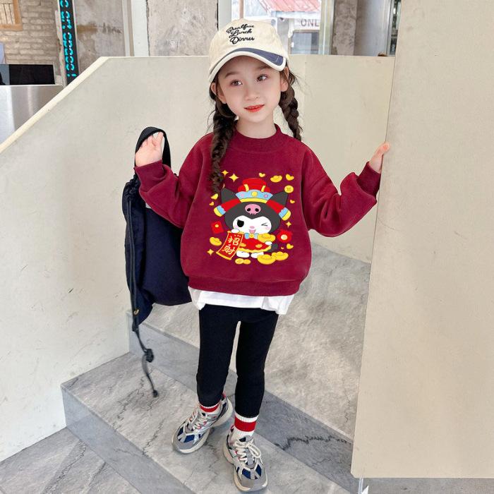 Girls Autumn Winter Fleece Lined Thickened Top Fashionable Versatile Long Sleeve Tee 90