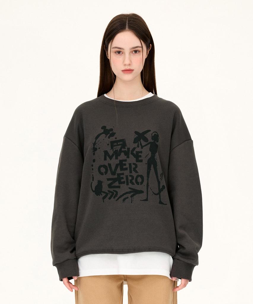 MOZMOZ [Set] Brushed Graphic Print Oversized Sweatshirt