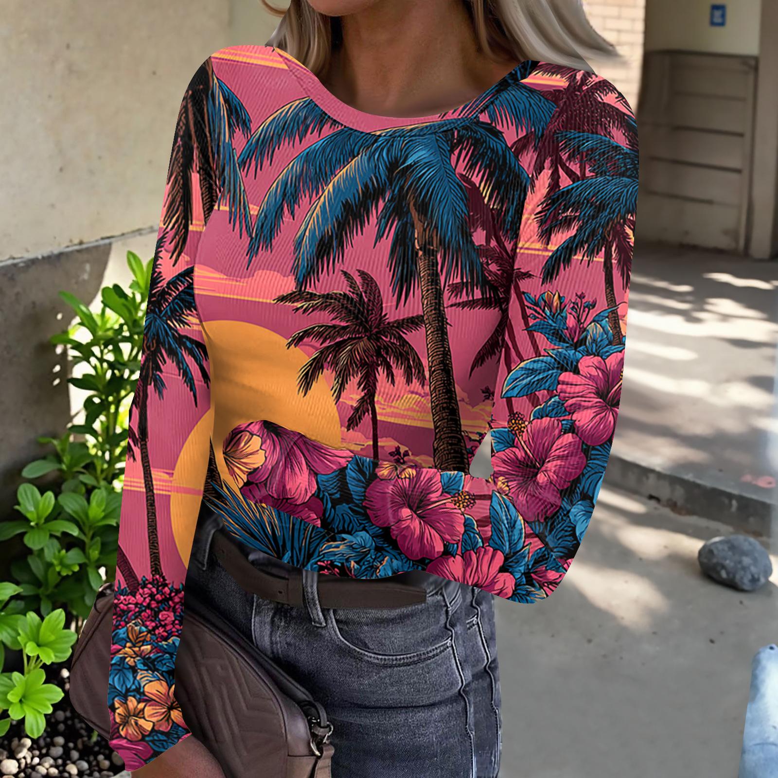 

Women s Casual Fashion Round Neck Hawaiian Print Long Sleeve Ribbed Top L фіолетовий