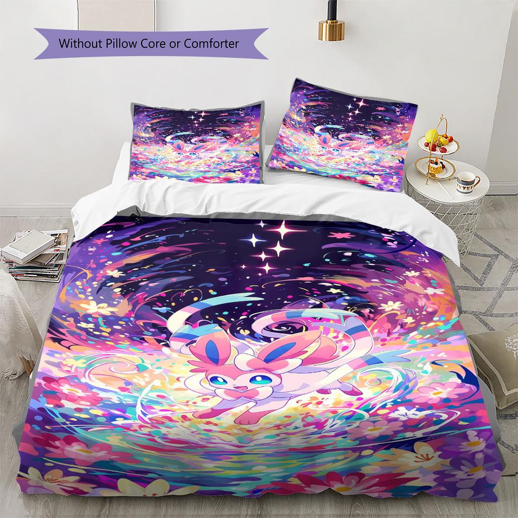 Pink Sylveon Design 3 Piece Bedding Set Cute Pokemon Theme Duvet Cover Pillowcases For Kids Girls Room