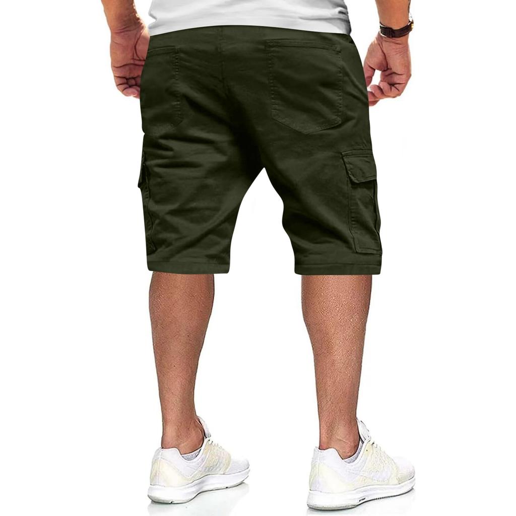 Men Multi Pocket Cotton Cargo Shorts Loose Fit Drawstring Waist Casual Outdoor Pants