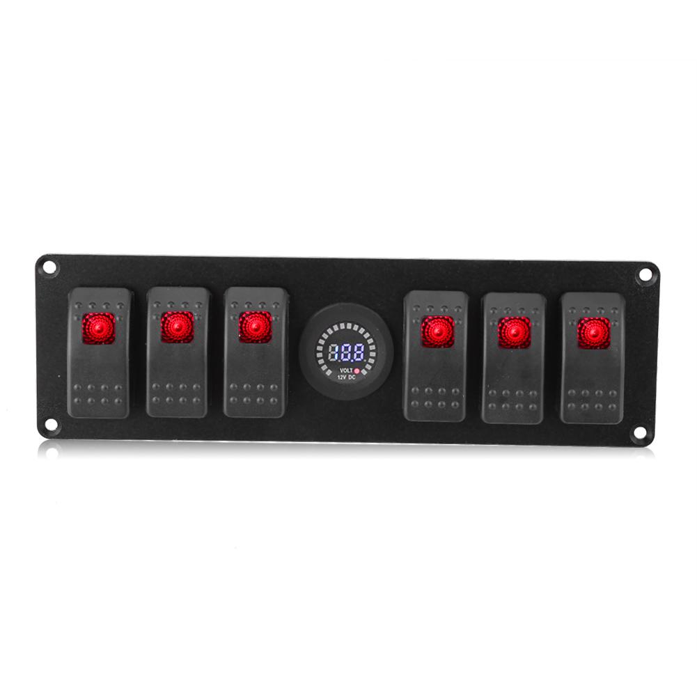 6 Gang Red LED Rocker Switch Panel with Alarm Voltmeter for Car RV Boat Yacht Marine 12V