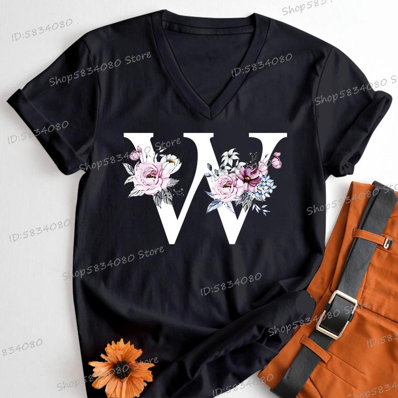 Letter B Floral T Shirts Women English Alphabet Birthday Gift Women 26 Initials Flower Classic Tops Tees Alphabet Floral Tshirt