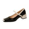 Sapatos únicos de dedo quadrado para mulheres saltos grossos rasos mary jane sapatos de couro envernizado francês elegante sapatos de couro de salto alto