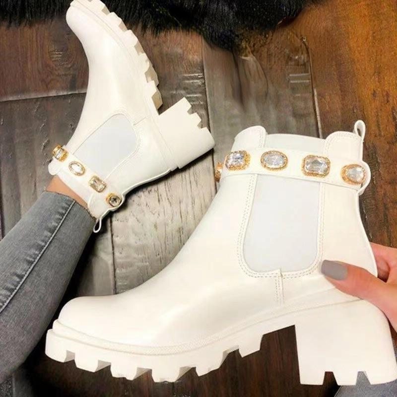 

Трендовые женские ботинки-трубы до щиколотки 2024 Зима Новинка Красочный принт Украшение стразами Пряжка на ремне Толстый каблук Женские ботинки 43 белый