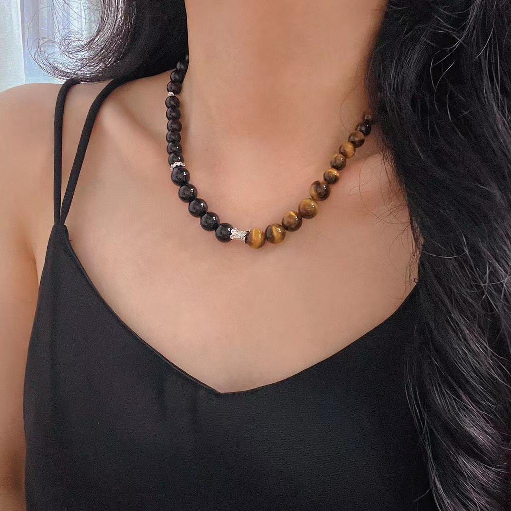Vintage Maillard Style Natural Tiger'S Eye Stone Black Agate Contrasting Color Atmosphere Necklace Collarbone Chain