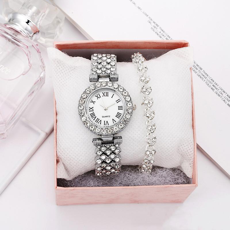 Trendy Unisex Populární Diamantové Dámské Hodinky Dámské Dvouvrstvé Diamantové Dámské Vysoce Kvalitní Luxusní Quartzové Hodinky Římský Vzor Náramek Módní 2KS